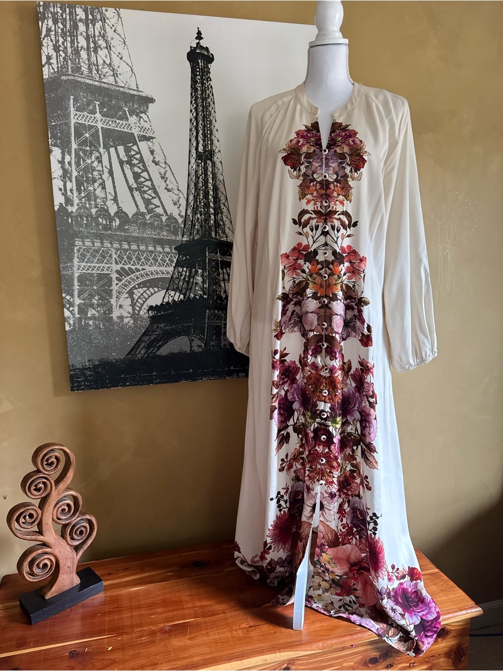 Soft Surroundings Cream Dress with Pink and Burgundy Floral Print
